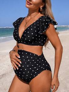 Momance 2026 Summer Beach Holiday 1920s Flapper Black & White Polka Dot High Waist Ruffled V-Neck Maternity Swimwear Set,Women's 2 Pieces Bathing Suits Boho - Black - View 5