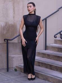Andrea Bello Black Wrap Shawl Elegant Sheer Ruched Dress, Suitable For Romantic Dates, Parties, Formal Gatherings, Bridesmaid Dresses, Women's Summer Dress, Tea Party Dress, New Year, Valentine's Day, Birthday Mini Dress, Black Dress Black Dress Elegant - Black - View 1