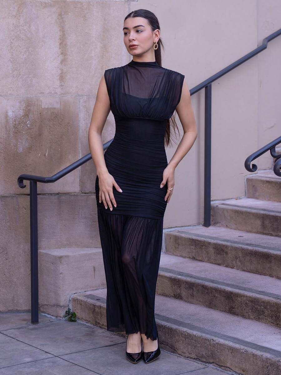 Andrea Bello Black Wrap Shawl Elegant Sheer Ruched Dress, Suitable For Romantic Dates, Parties, Formal Gatherings, Bridesmaid Dresses, Women's Summer Dress, Tea Party Dress, New Year, Valentine's Day, Birthday Mini Dress, Black Dress Black Dress Elegant - Black - View 1