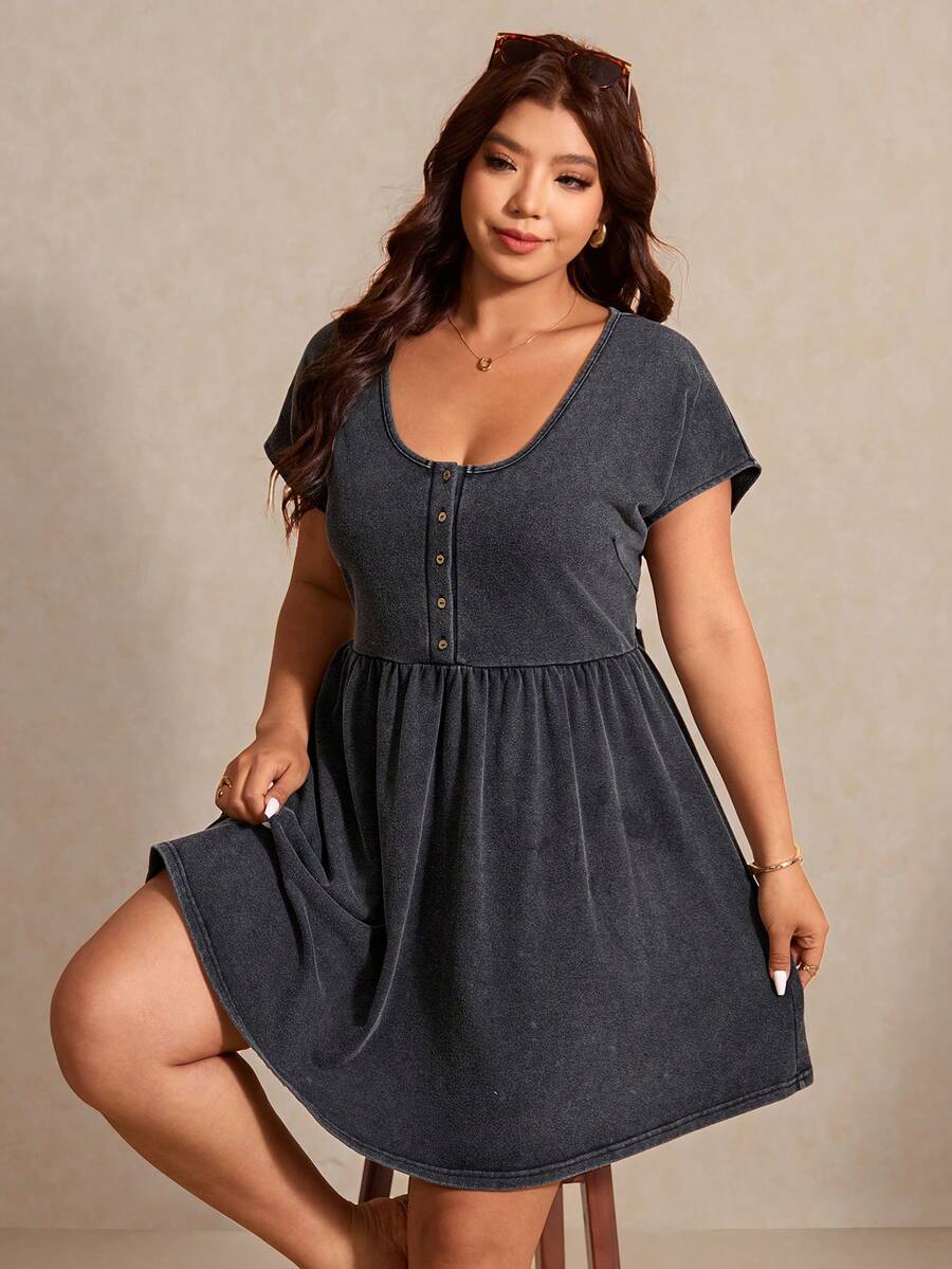 Elaquor Plus Size Women Casual Washed Short Sleeve Dress, Spring/Summer Casual Vacation Dress For Women, Summer Dresses - Black - View 1
