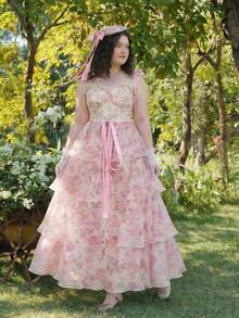 SHEIN MOD 大码优雅印花吊带连衣裙和网纱半身裙套装 - 粉色 - 查看 14