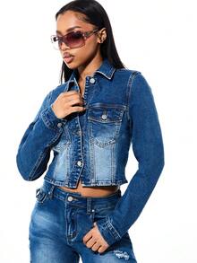BABYPHAT Embroidered Denim Cropped Fitted Button Front Lapel Collar Long Sleeve Jacket With Chest Pockets Classic Outerwear - Blue - View 1
