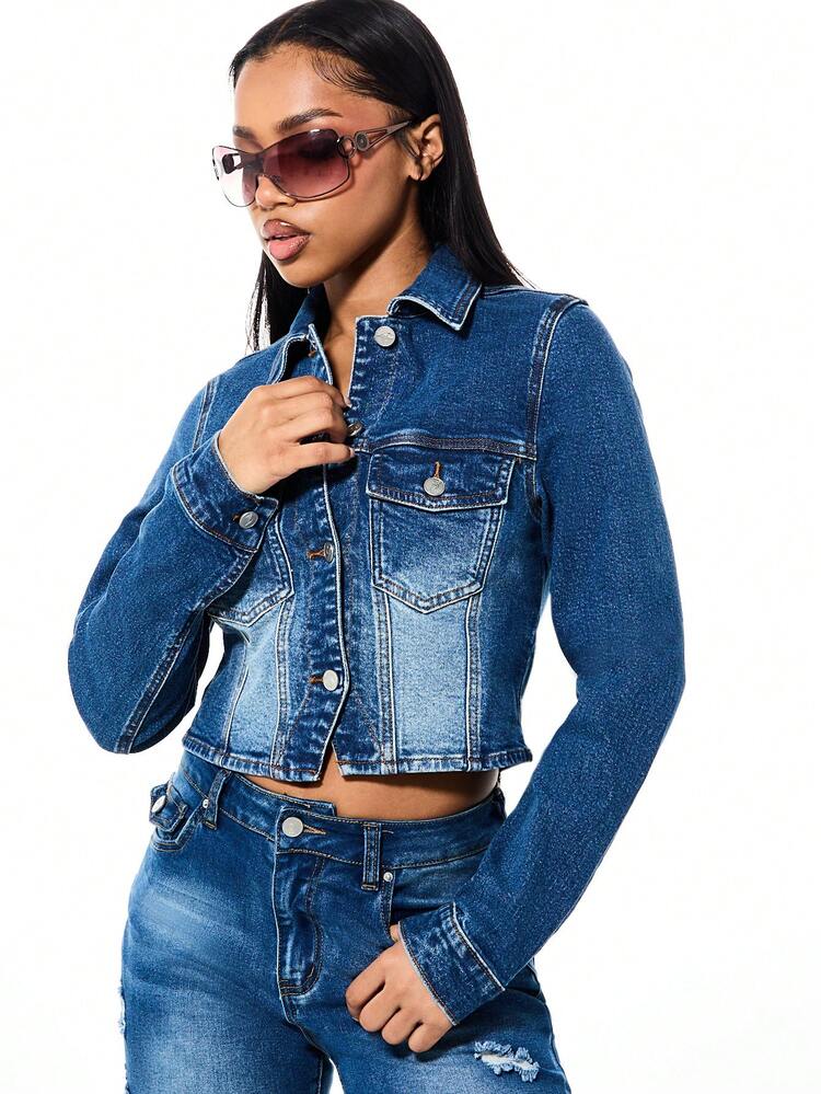 BABYPHAT Jaqueta de Manga Longa com Gola de Lapela, Botões na Frente, Bolsos no Peito, Clássica, Ajustada, Cropped, em Denim Bordado