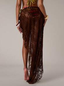 SHEIN BAE Women's Vacation Knotted Waist Ruffle Hem Cover-Up Skirt - Brown - View 2