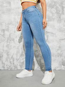 SHEIN ICON Plus Size Women's Fashion Versatile Slim Fit Ankle Pants - Medium Wash - View 5