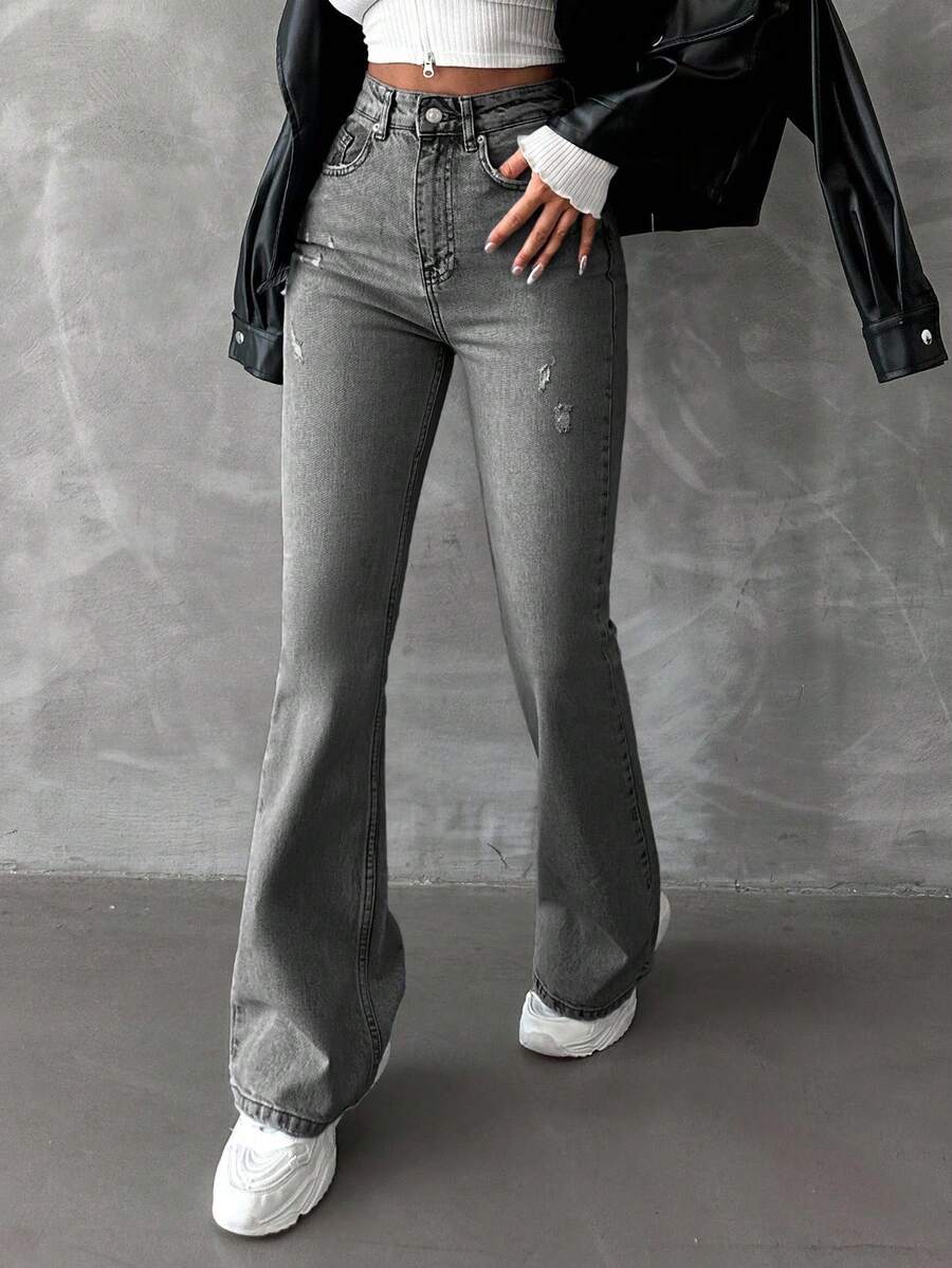 SHEIN Cottnline Dagligt bruk Hög midja Push Up Plus Size Grå Stretch Comfort Denim Jeans Knappknäppning - Grå - Visa 1