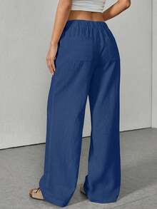 Washed Cotton Casual Solid Color Low-Waist Straight Leg Pants - Blue - View 2