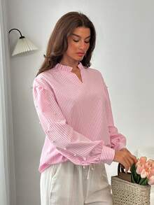 EURMUSE Pink & White Blouse With Pearl Sleeve Detail - Pink - View 3