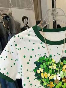 SHEIN EZwear 女士休闲四叶草心形印花撞色滚边短袖T恤，夏季简约圆领宽松版型女式T恤 - 彩色 - 查看 5