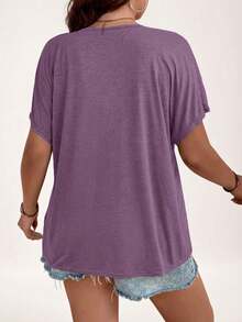 SHEIN LUNE Áo thun ngắn tay tối giản màu trơn cỡ lớn - Màu tím - Xem 2