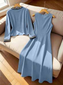 SHEIN Franclia 两件套女士优雅黑色撞色珍珠边长袖开衫外套和圆领无袖连衣裙套装 - 藍色 - 查看 2