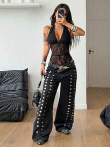 Coolane 女士夏季音乐会服装 锐舞派对服装 音乐节外出 Y2K风格海滩装扮 热带度假 白色V领连体裤 - 黑色 - 查看 2