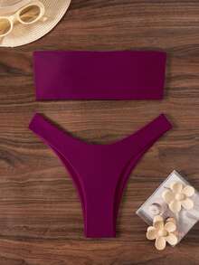 Swim Chiccia Women's Summer Beach Solid Color Bandeau Bikini Swimwear Set - Red - View 3