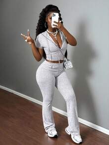 BamGleam Set de 2 piezas: Top con capucha de manga corta de punto acanalado informal + Pantalones acampanados, conjunto de vestir acanalado vertical de ajuste ceñido para ir al trabajo - Gris - Ver 1
