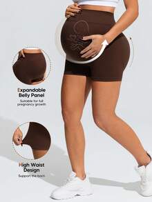 SHEIN Maternity Solid Color High Waist Lifting Sports Shorts,Word Cup - Brown - View 3