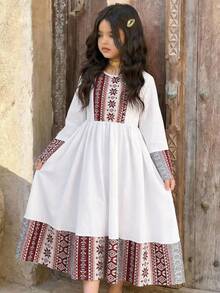 SHEIN Tween Girl Spring & Summer Casual Vacation Retro Stripes & Geometric Retro Print Patchwork Flare Sleeve Ruched Hem Long Dress - Burgundy - View 4