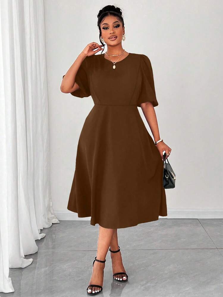 Maweii Plus Size Women's Chocolate Brown Crew Neck Puff Sleeve