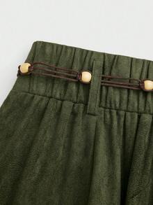 Sweetra Plus Size Sweet Faux Suede Asymmetrical Hem Solid Color A-Line Skirt - Army Green - View 3