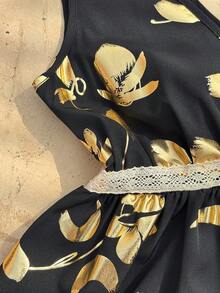 SHEIN Franclia Floral Print V-Neck Lace Patchwork Elegant Fashion Camisole Hawaii Outfits Women Summer Outfits - Black and Gold - View 3