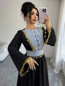 Women's Elegant Geometric Pattern Sequin Splice Flare Sleeve Waist Cinched Arabian Style Dress, Suitable For Spring And Autumn - Black - View 1