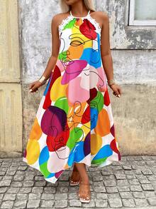 Breezaya Summer New Lady Women's Spaghetti Strap Maxi Dress, Asymmetrical Hem, All-Over Abstract Graffiti Print, Loose & Comfortable Beach Vacation Dress - Multicolor - View 6