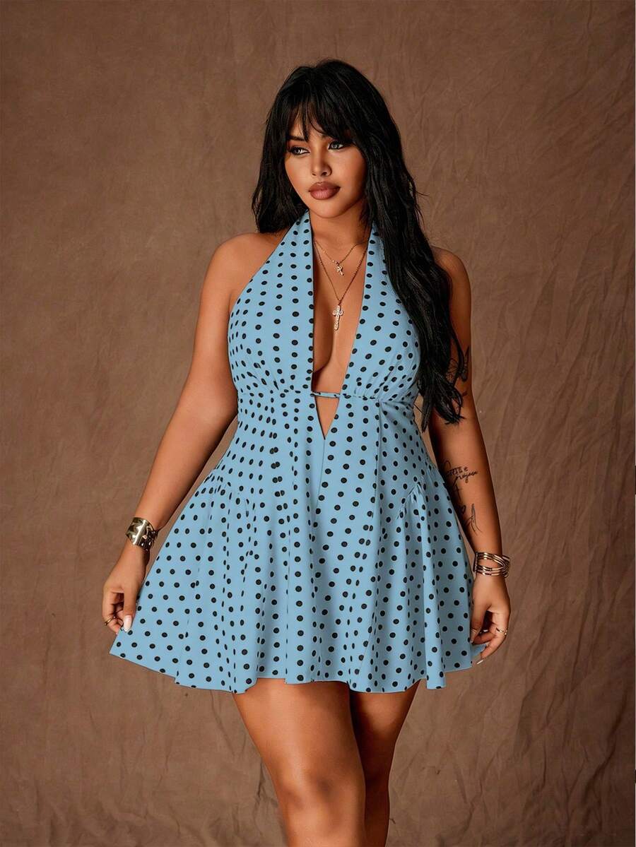 Rustia 大码女式波点吊带系带性感A字迷你连衣裙 - 藍色 - 查看 1