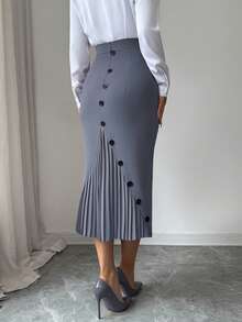 Elenzga Women's Elegant Fitted Pleated Pencil Skirt - Dark Grey - View 5