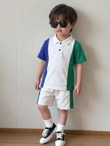 SHEIN 2-Pack Young Boys' Casual Sports Retro Loose-Fitting POLO Shirt And Shorts Set,Multi-Color Stitching Japanese & Korean Style Summer Kids Outfits - White - View 8