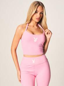 Missguided x Playboy Fitted Halter Neck Sleeveless Tank Top With White Bunny Logo For Summer Casual Wear - Pink - View 1