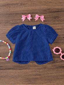 Emery Rose Kids Emery Rose Kids 女婴休闲简约舒适圆领泡泡袖镂空刺绣上衣，适合日常穿着和开学季 - 藍色 - 查看 8