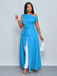 SOLERSUN Women's Plus Size Asymmetrical Neck Blouse Split Thigh Tie Front One Shoulder Shirts - Teal Blue - View 4