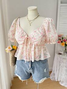 SHEIN EZwear 大码印花荷叶边短袖休闲度假衬衫，春夏款 - 彩色 - 查看 3