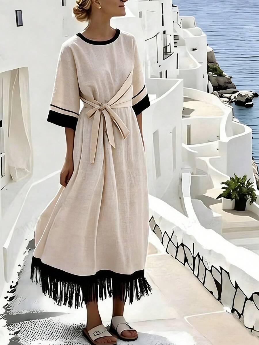 EMERY ROSE Women's Vacation Casual Fringe Waist Belt 3/4 Sleeve Dress - Apricot - View 1