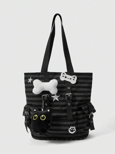 ROMWE Anime 1个黑色和灰色朋克学院风猫爪、骨头、小猫、星条旗图案多口袋中性大容量单肩包，适合通勤、上学、约会、购物、旅行和其他必需品的装填。