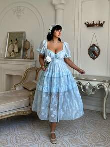 Lyrianda Vestidos formales de mujer con mangas abullonadas, cintura ceñida y decoración de lazo en estilo jacquard texturizado de chifón francés elegante, para primavera, verano y vacaciones - Azul - Ver 4