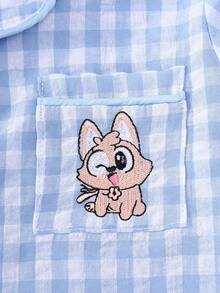 2 件套幼儿男童纽扣长袖衬衫和长裤，蓝白格纹图案，带可爱小狗刺绣，四季皆宜 - 藍白色 - 查看 7