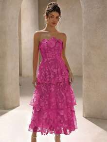 BELROSIE Solid Color Luxurious High-End Party Floral Strapless Dress, Suitable For Spring And Summer - Hot Pink - View 3