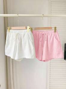 Comfortcana 2 pièces Short décontracté pour femmes avec cordon de serrage à la taille, couleur unie, convient pour les vacances d'été et les déplacements quotidiens - Rose pâle - Voir 3