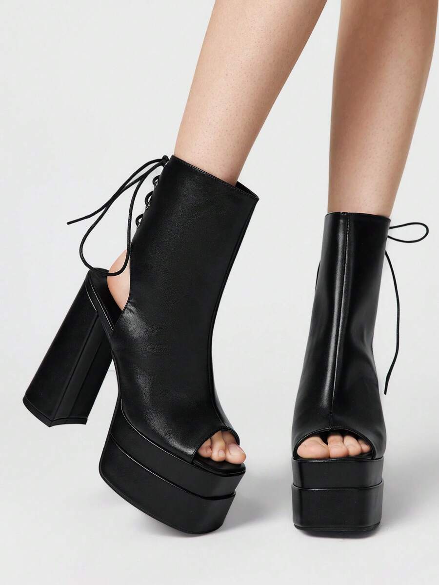 ROMWE Goth Women Shoes Women's Fashion Gorgeous Waterproof Table High Heel Sandals Christmas Party Wear Sexy Nightclub Style - Black - View 1