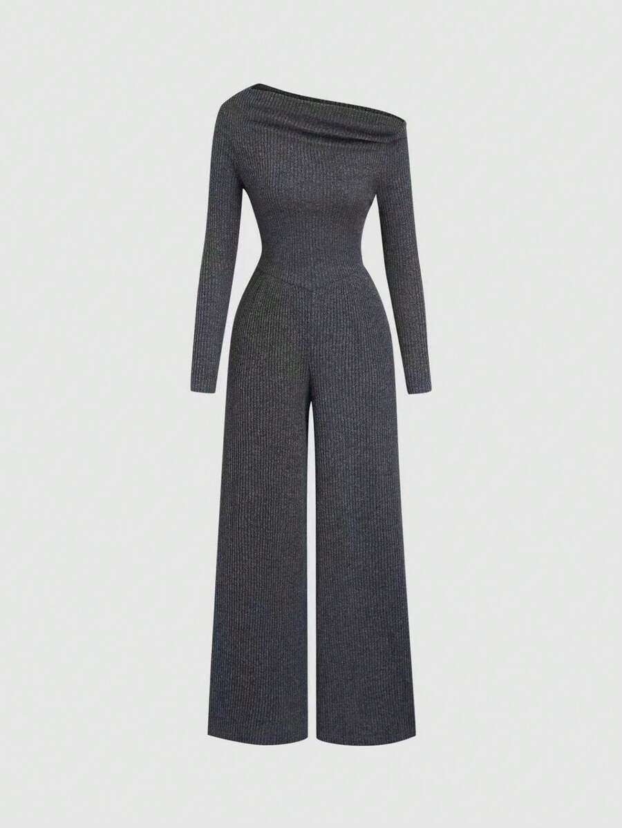 Sweetra Women's Oblique Shoulder Ruched V-Waist Casual Business Jumpsuit, Deep Grey - Black - View 1