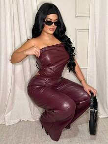 Burgundy Date Night Solid PU Leather Straight Leg Pants,Country - Burgundy - View 6