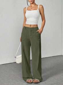 Women's Casual Versatile Washed Cotton Low Waist Straight Leg Pants - Army Green - View 5