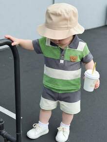 Souflis Souflis Bộ áo polo tay ngắn và quần short kẻ sọc không đều, dễ thương cho bé trai sơ sinh, thêu hình gấu, thích hợp cho mùa hè. - Nhiều màu - Xem 5
