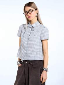 COUREZ 前系带短袖格子衬衫/Y2K春季上衣外出上衣街头服饰 - 彩色 - 查看 6
