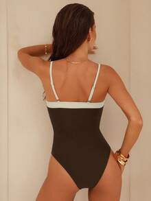 Swim Chiccia 1 bộ đồ bơi liền thân nữ thanh lịch, màu trơn, phối bèo nhún, dây đeo có thể điều chỉnh. - Cà phê nâu - Xem 2