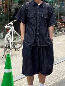 DAZY Men's Navy Blue Denim Short Sleeve Shirt And Shorts Set, Summer - Blue - View 4