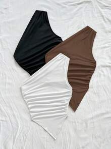 Soleia 3pcs Women's Vacation Casual Asymmetric Hem Asymmetrical Shoulder Top, Summer 2-Piece Set, Suitable For Back To School, Afternoon Tea, Casual, Beach Wedding Guest, Graduation Brunch, St. Patrick's Day, Spring Break, Easter, Music Festival, Elegant Boho Tropical, Brown, Black, Apricot - Multicolor - View 4
