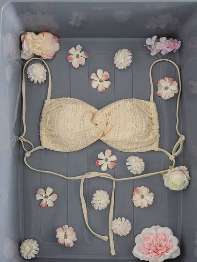 Swim Mod Solid Color Lace Front Tie Bandeau Bikini Top, Spaghetti Strap, Sweet & Cute, Summer Beach Swimwear