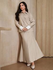 Graceveil 女士条纹拼接长袖衬衫搭配纯色鱼尾长裙套装，两件套，适合职业场合和约会穿着。 - 灰色 - 查看 7