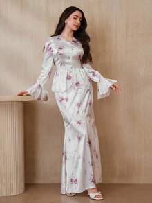 Graceveil Bộ đồ 2 mảnh dành cho nữ, gồm áo và chân váy tay loe in hoa thanh lịch, thích hợp cho mùa thu. - Nhiều màu - Xem 2